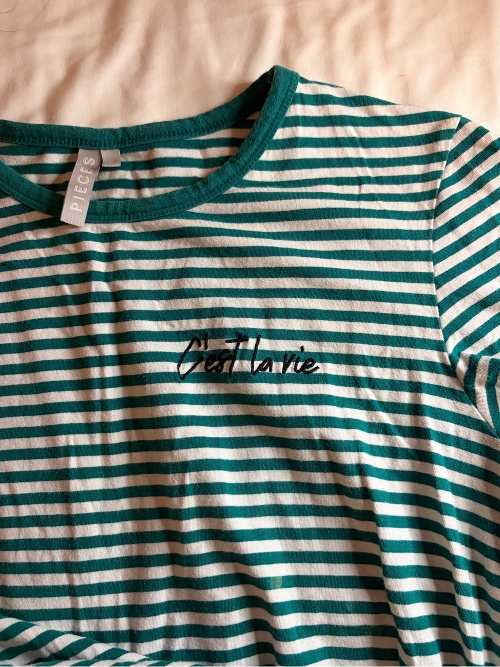 Pieces Women's Green & White Striped Short Sleeve Tee - C'est la vie